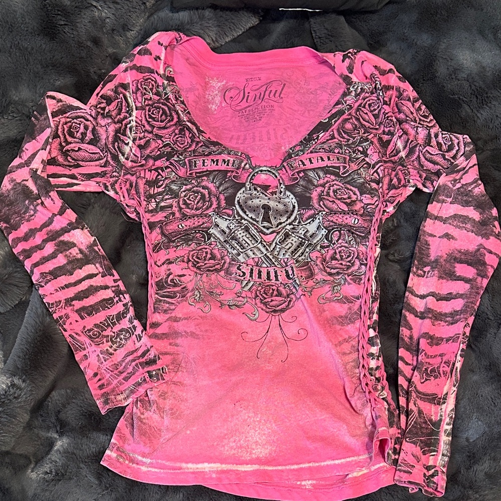 Sinful Vivid Pink and Black Graphic Long Sleeve Tee